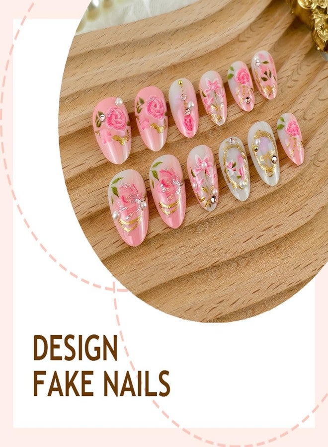OSTTMA 24Pcs Pink Press on Nails Short Almond Fake Nails with 3D Flower Rhinestone Pearl Bow Design Rose Tulip Gold Gilding False Nails Full Cover Acrylic Nail Glossy Cute Floral Glue on Nails for Women - Image 4